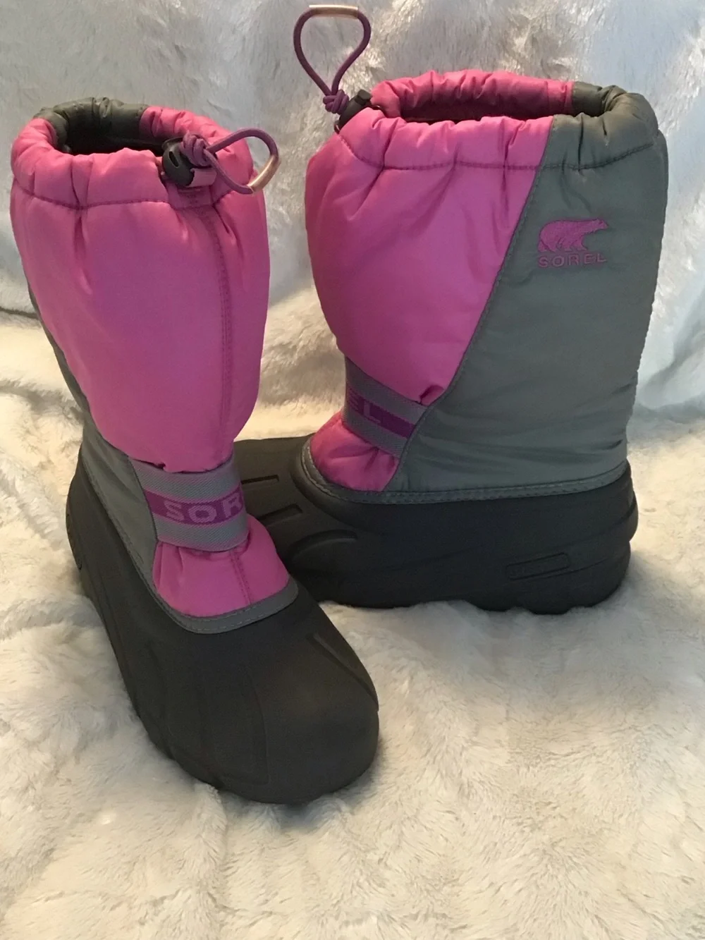 Sorel Youth Girls Snow Boots. Pink and Gray, Insulated, Waterproof, Size 5.
